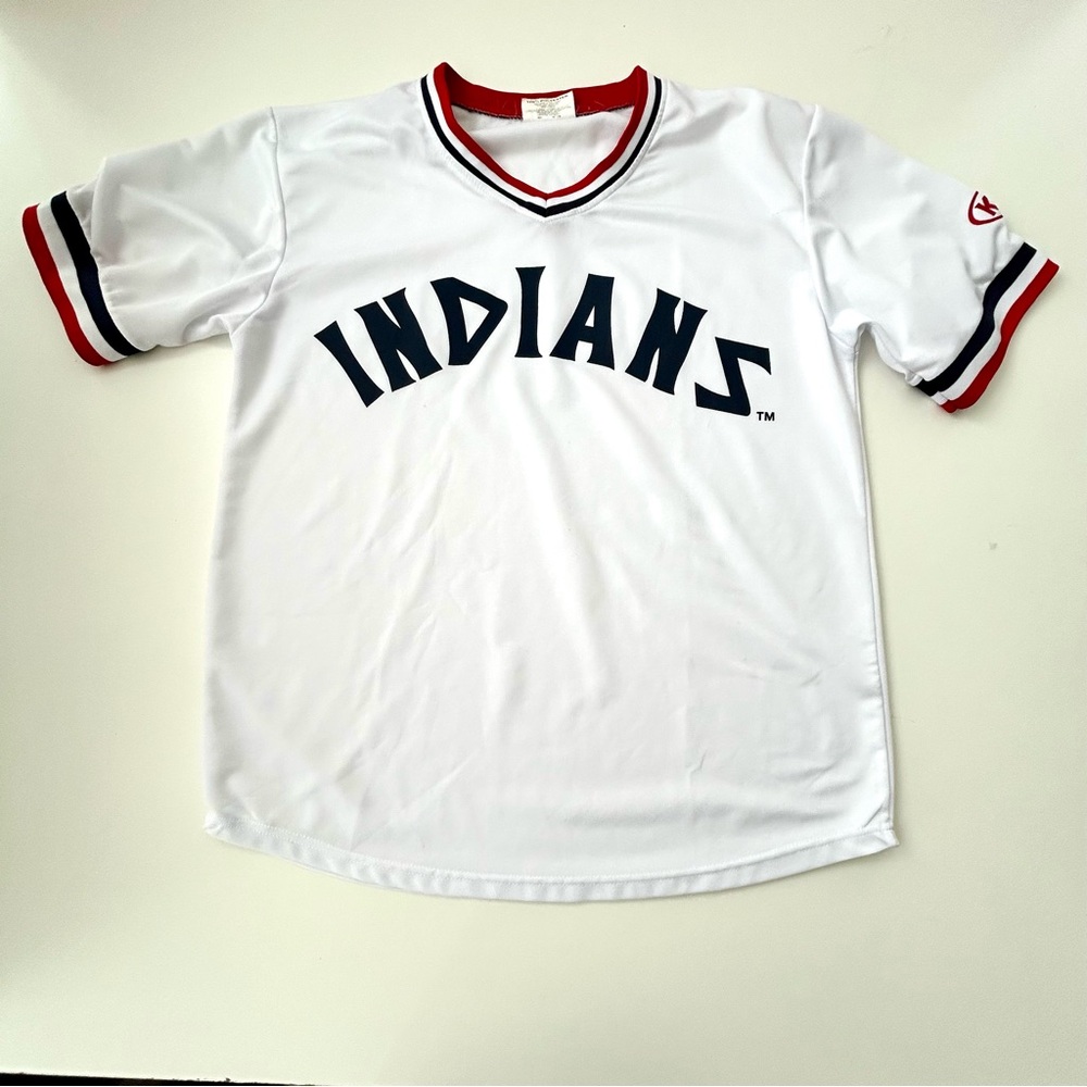 White Indians Baseball Jersey with Navy and Red Trim